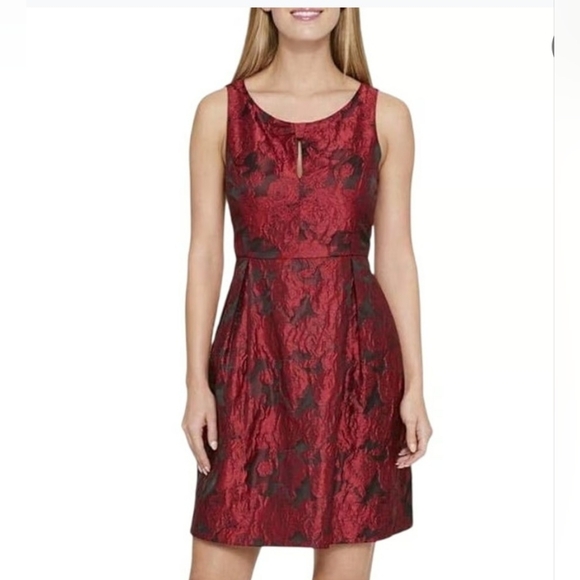 Tommy Hilfiger Dresses & Skirts - Tommy Hilfiger Dress Size 16 Red Bouquet Jacquard Fit Flare Sleeveless Party